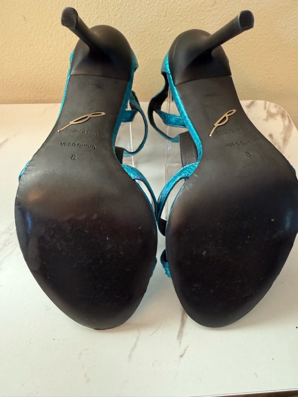 Brian Atwood Laetitia Turquoise Metallic Strappy Stiletto Sandals, GUC, Size 8 - Picture 11 of 14